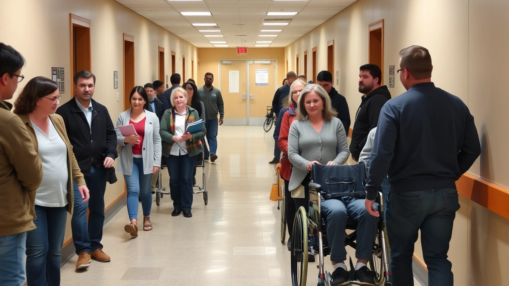 Diverse group of people in courthouse hallway, some with mobility aids and medical equipment, accessible facilities visible i
