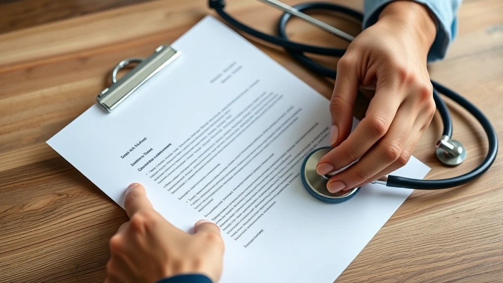 Close-up of hands holding official medical letter on letterhead with stethoscope nearby, professional healthcare documentatio