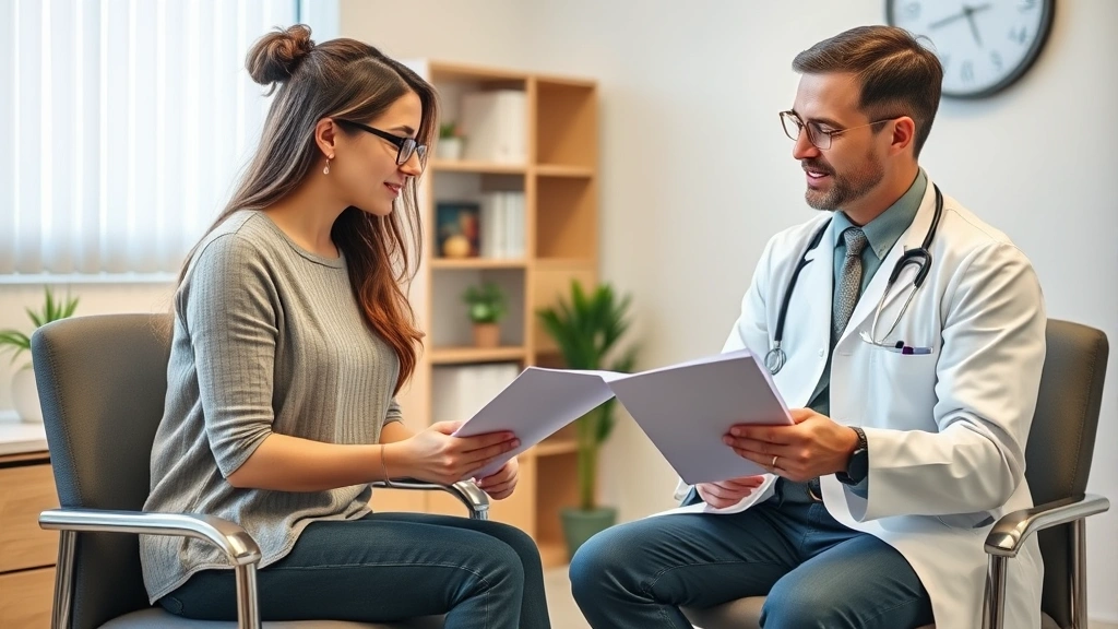 Female patient discussing medical documents with male doctor in clinical office setting during consultation appointment
