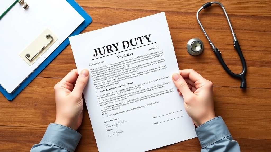 Hands holding official jury duty summons letter on wooden desk with stethoscope and medical folder nearby