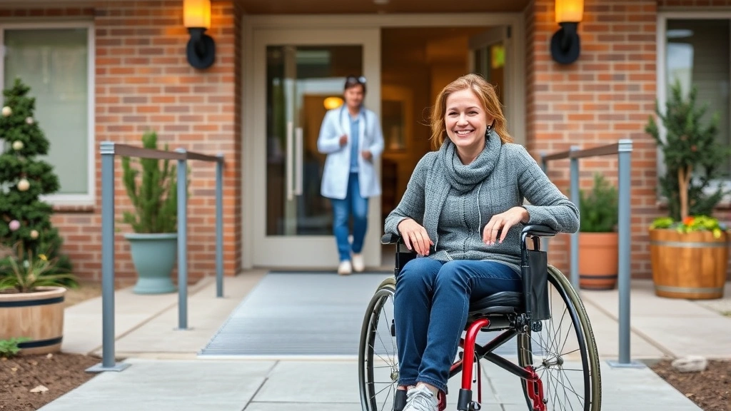 Woman in wheelchair smiling at modern apartment entrance with accessible ramp and professional healthcare provider in backgro