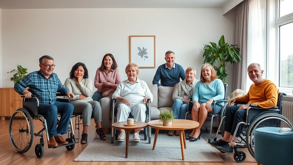 Diverse group of people with various mobility aids and disabilities in bright comfortable apartment living room looking relax
