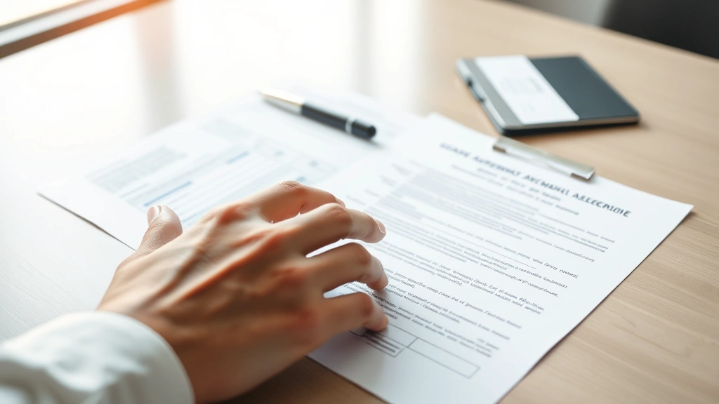 Close-up of hands reviewing official medical documentation and lease agreement paperwork on desk with calm professional atmos