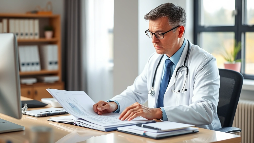 Doctor in white coat reviewing medical documents at desk with patient file open, professional healthcare setting, natural lig