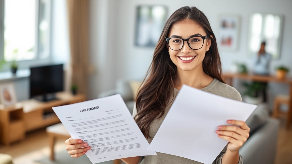 Diverse woman holding lease agreement document with satisfied expression, bright modern apartment in background, natural wind