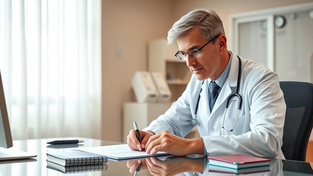 Professional healthcare provider in white coat reviewing medical documents at desk with patient consultation notes visible, w