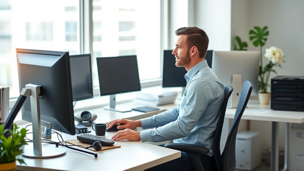 Employee at ergonomic workstation with proper posture, desk setup showing reduced physical demands, natural office lighting a