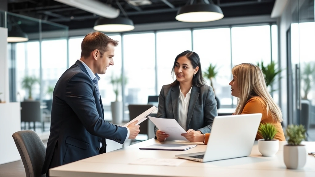 HR professional meeting with employee in modern office, discussing accommodation documents and work modifications, profession