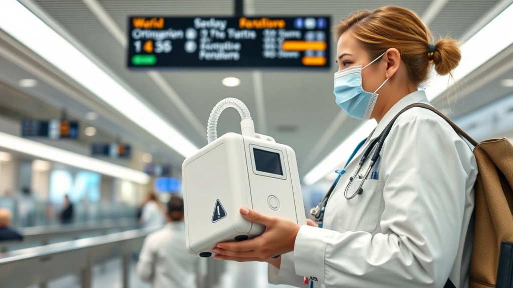 Patient holding portable oxygen concentrator at airport security checkpoint, professional healthcare setting, clear lighting