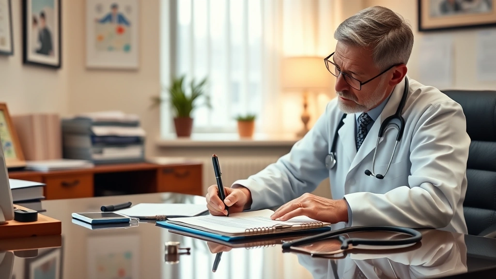 Doctor at desk writing medical documentation with stethoscope visible, warm office environment, focused professional
