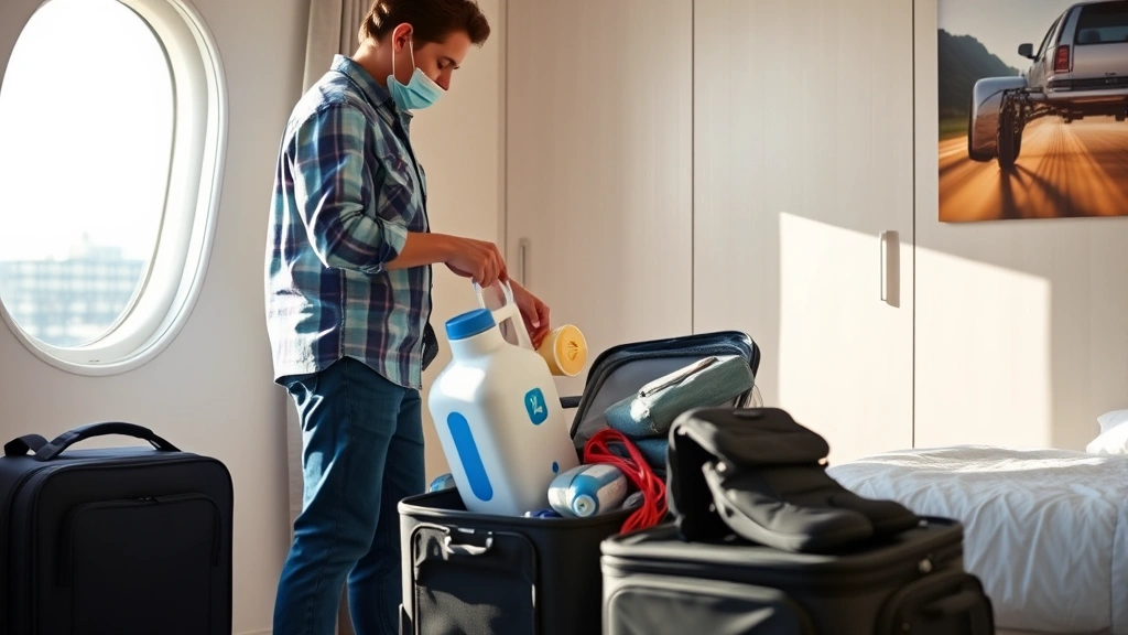 Traveler packing medical equipment carefully into carry-on luggage near window, sunlit bedroom, organized and prepared