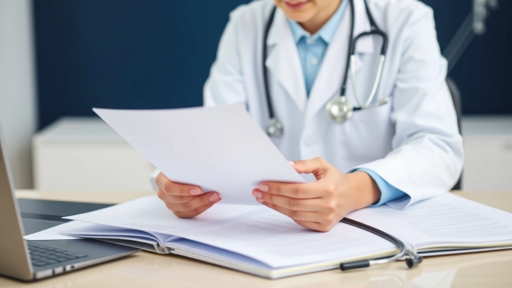 Doctor in white coat reviewing medical documents at desk with stethoscope, professional healthcare setting