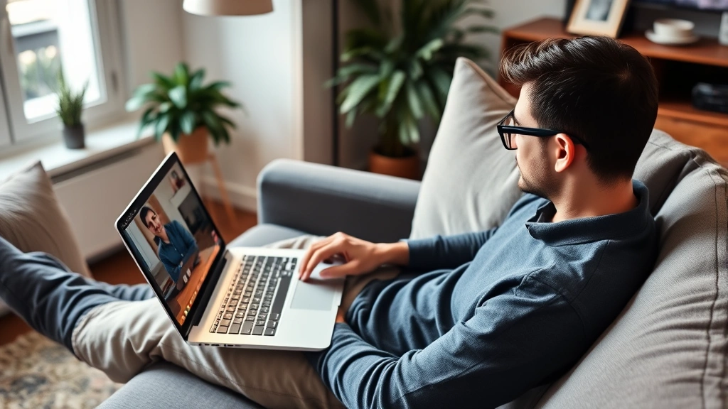 Person sitting on comfortable couch video conferencing on laptop from home, remote work setup