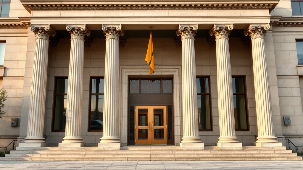 Courthouse entrance with classical columns, neutral daytime lighting, professional legal environment