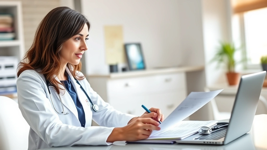 Healthcare provider in white coat reviewing medical documents at desk with stethoscope, professional clinical office setting,