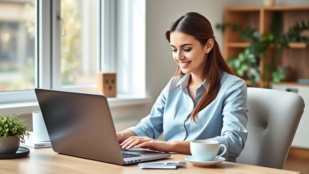Professional woman working from home on laptop with comfortable posture, wellness tea on desk, bright home office with plant,