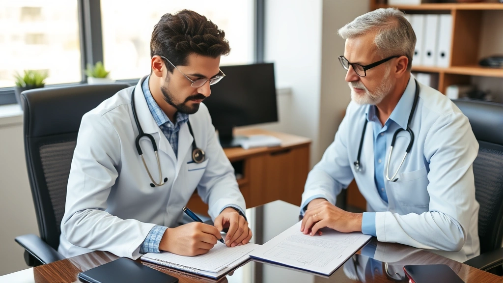 Healthcare provider writing detailed medical notes at office desk with patient sitting across from them having discussion