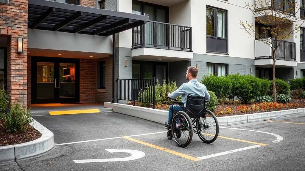 Person using wheelchair accessing accessible parking space in modern apartment building with accessible ramp visible