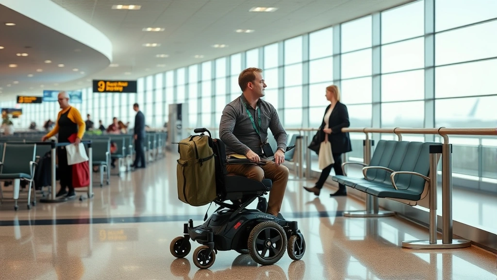 Traveler with mobility device preparing for flight at airport with accessible seating area and assistance staff nearby