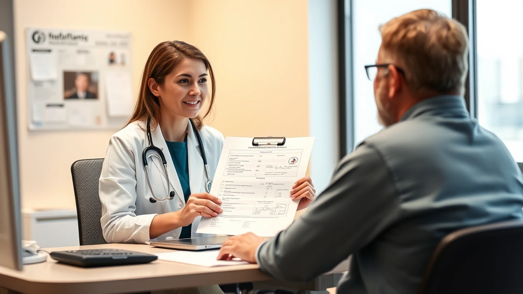 Female physician at desk reviewing medical chart with patient sitting across from her, discussing work restrictions, warm cli