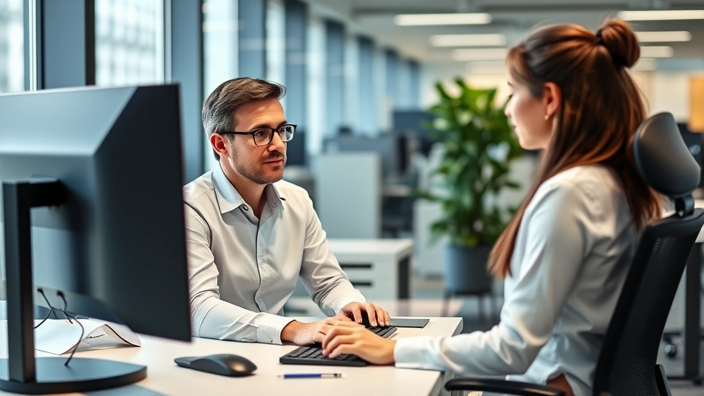 Occupational therapist assisting employee with ergonomic workstation setup in modern office environment, proper posture demon