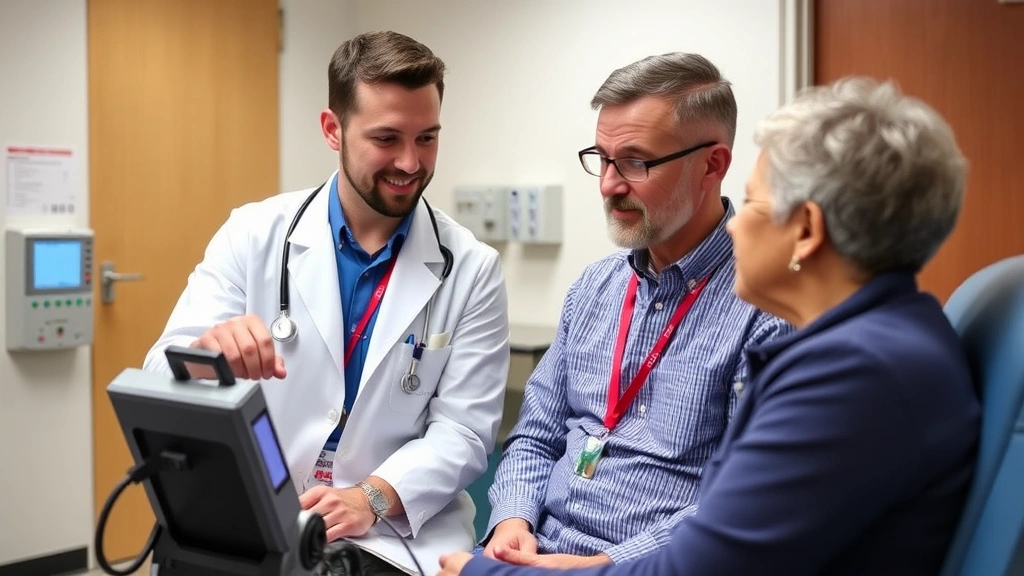 Medical professional in white coat discussing portable oxygen equipment with patient in clinic setting, both looking at devic
