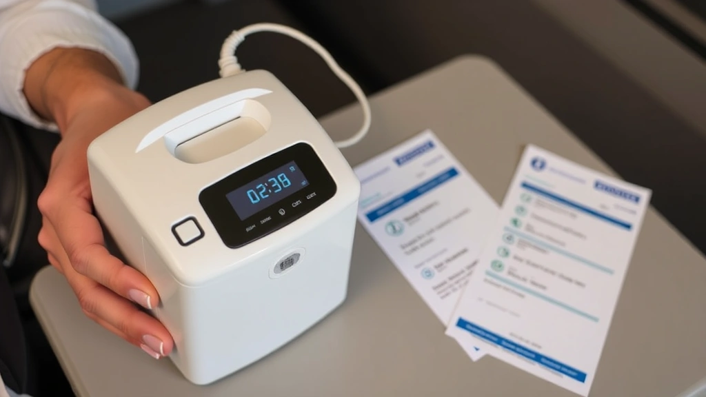 Patient holding portable oxygen concentrator with fully charged batteries next to airline boarding pass and medical documents