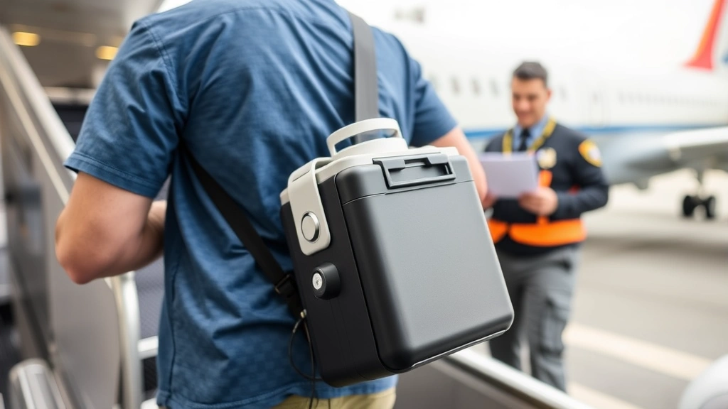 Passenger boarding commercial aircraft carrying portable oxygen concentrator with TSA agent visible in background checking do