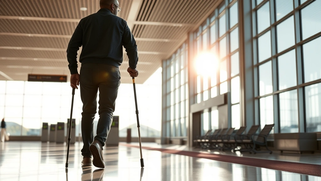 A person with a cane walking through a modern airport terminal, natural daylight streaming through windows, calm and organize