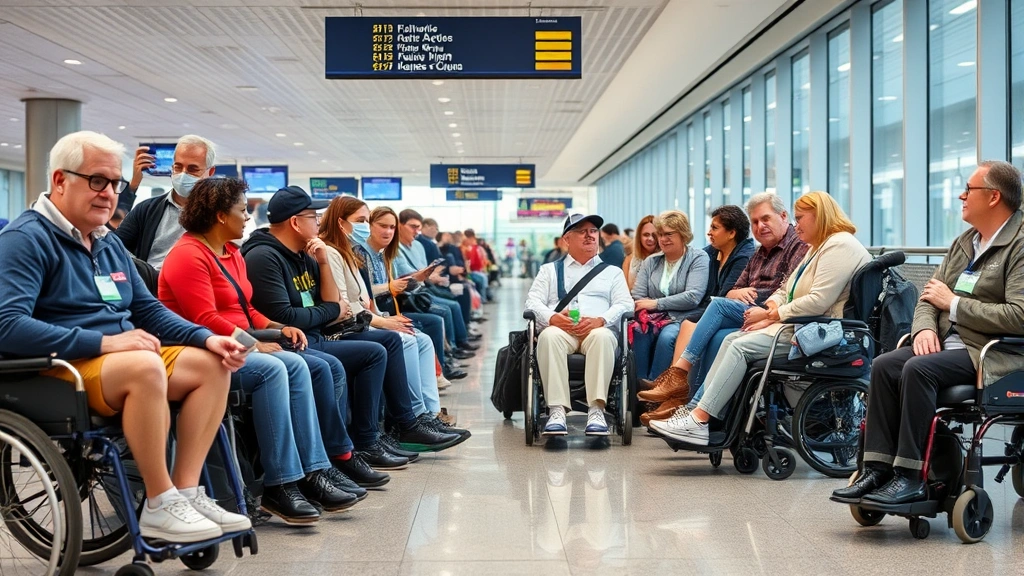 A diverse group of travelers at an airport gate, some seated comfortably, showing various mobility aids and travel comfort, p