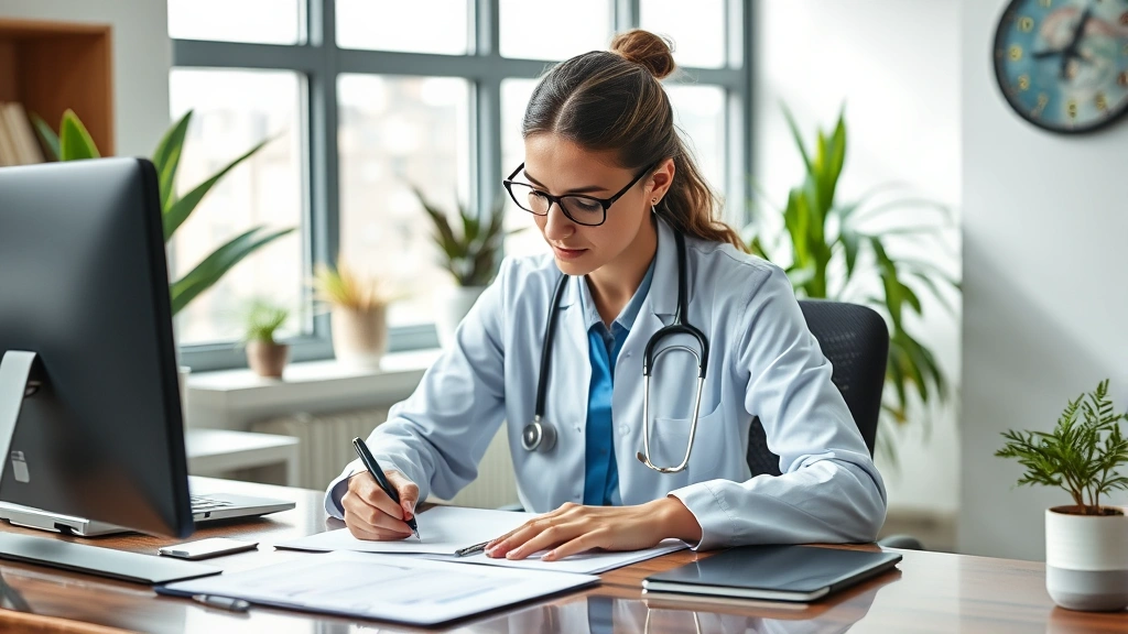 A healthcare professional in an office writing on a desk with medical documents, professional setting with plants and natural