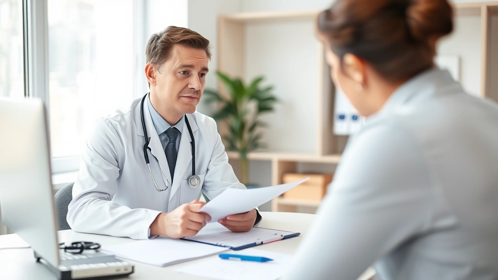Professional doctor in white coat at desk with medical records discussing with patient during consultation