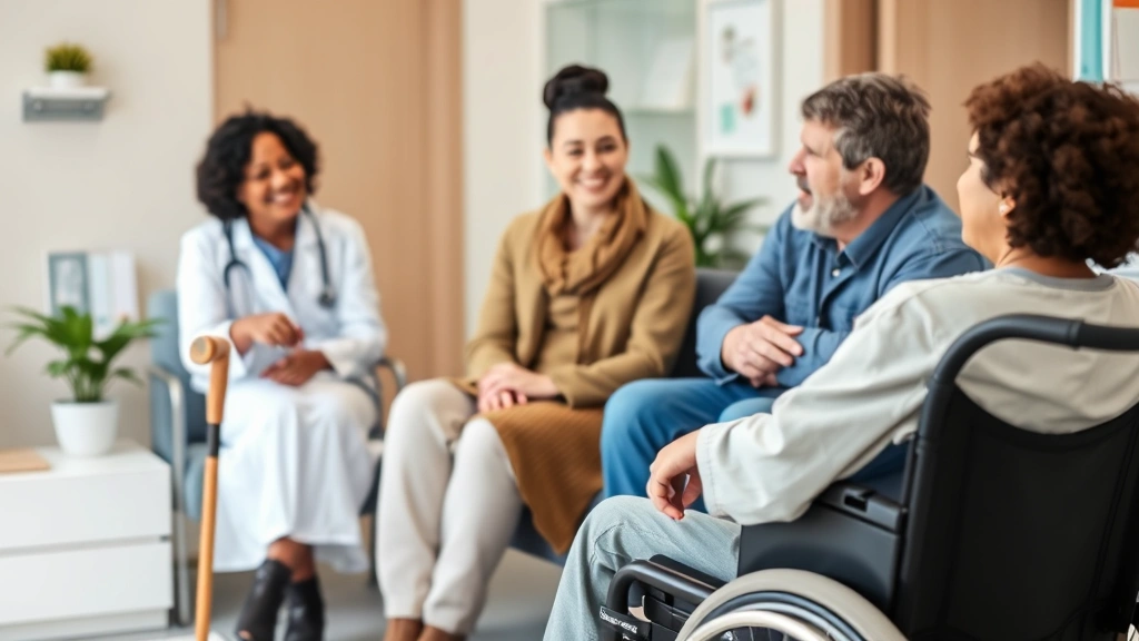 Diverse patients in doctor's office waiting room including person with cane and person in wheelchair