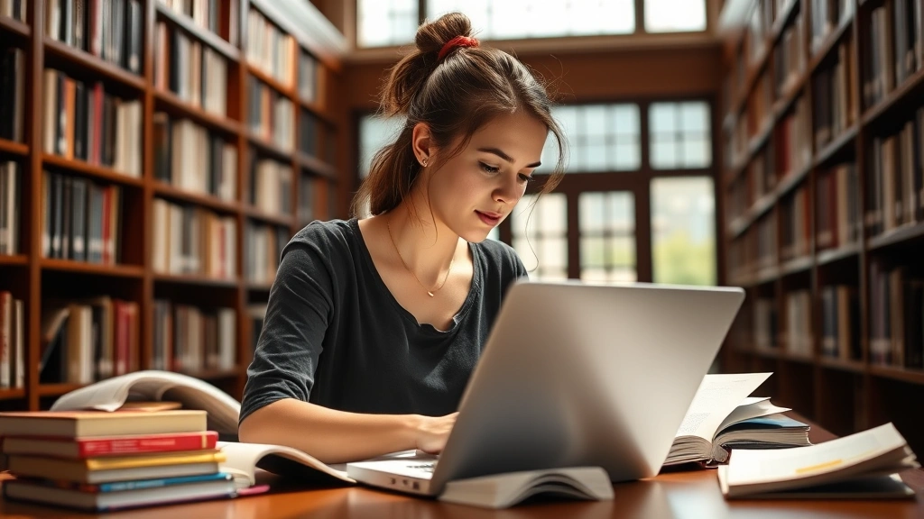 Female student with laptop studying in university library surrounded by textbooks and notes, natural lighting from windows