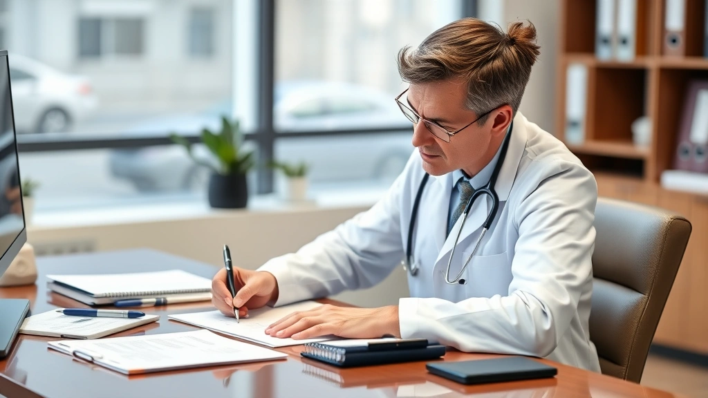 Healthcare provider in white coat writing at desk with stethoscope and medical documents visible, professional office setting