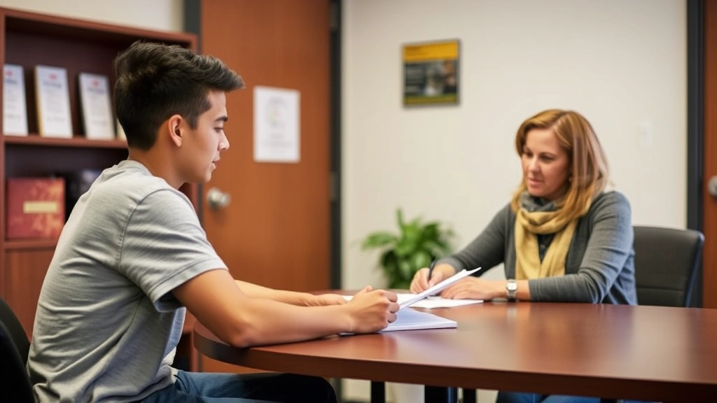 Young student meeting with disability services counselor in accessible campus office, both looking at documents on desk