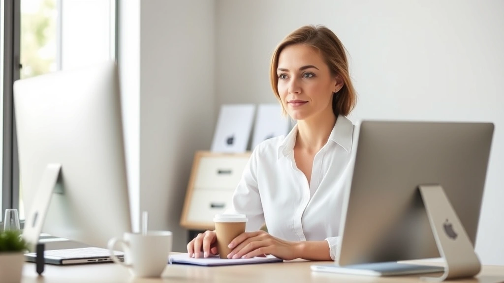 Professional woman working at desk with coffee cup, looking focused and comfortable in bright office environment, natural lig