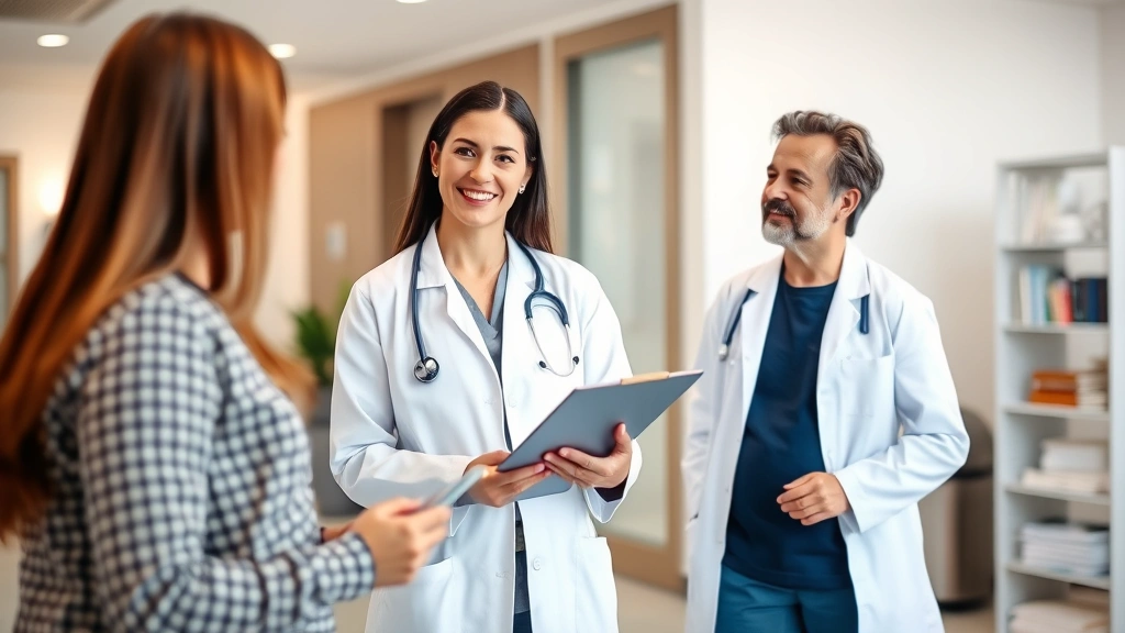 Healthcare provider in white coat holding clipboard, smiling with patient during consultation meeting in modern medical offic