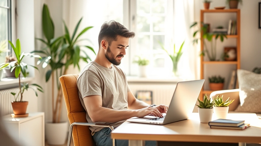 Person sitting at home workspace with laptop, relaxed posture, sunlight streaming in, plants and comfortable furniture visibl