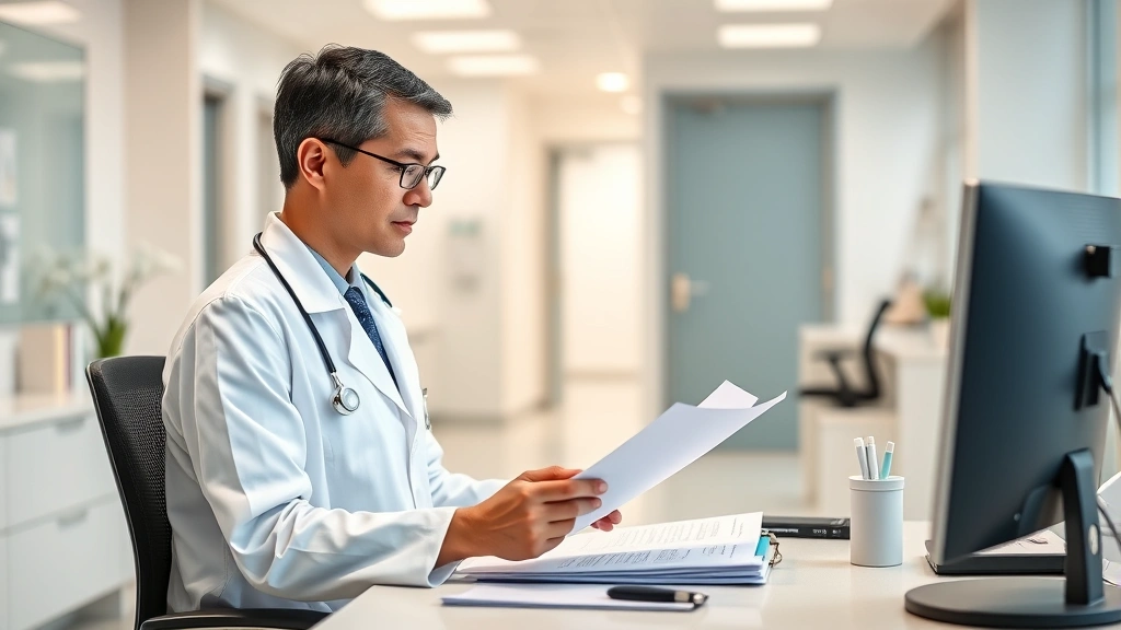 Doctor in white coat reviewing medical documents at desk in bright modern clinic office
