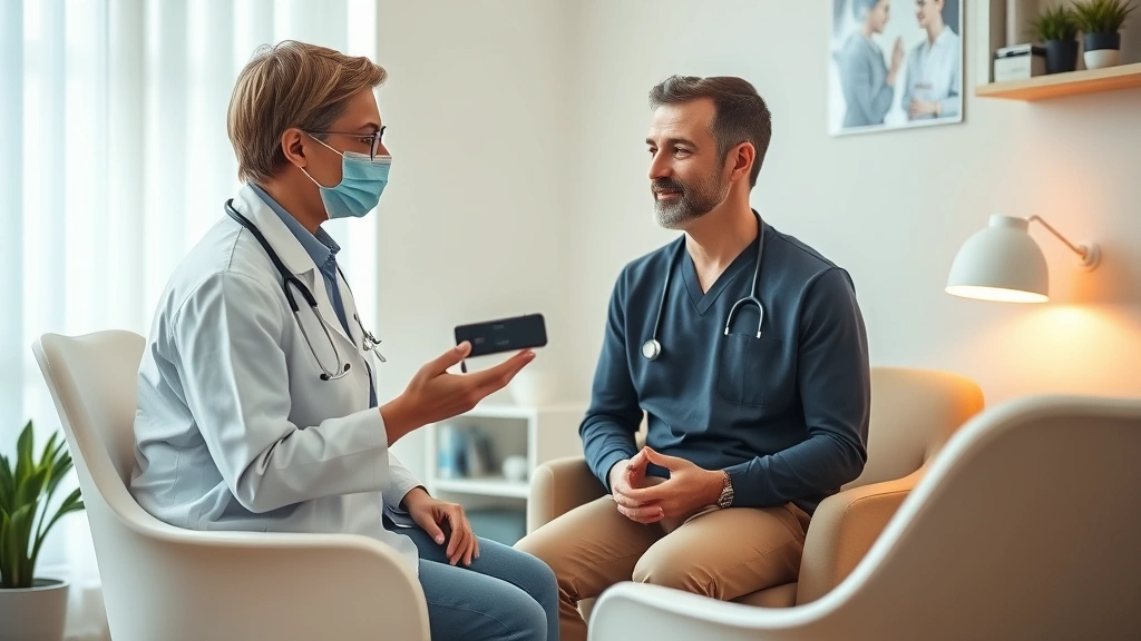 Patient receiving healthcare consultation in comfortable medical office with warm lighting