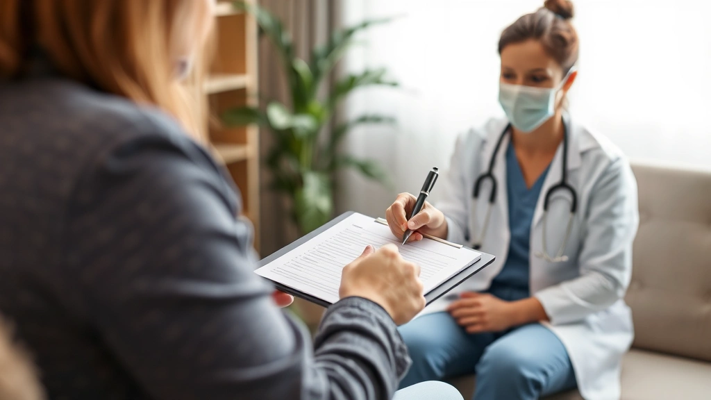 Healthcare provider writing notes on clipboard during patient consultation appointment