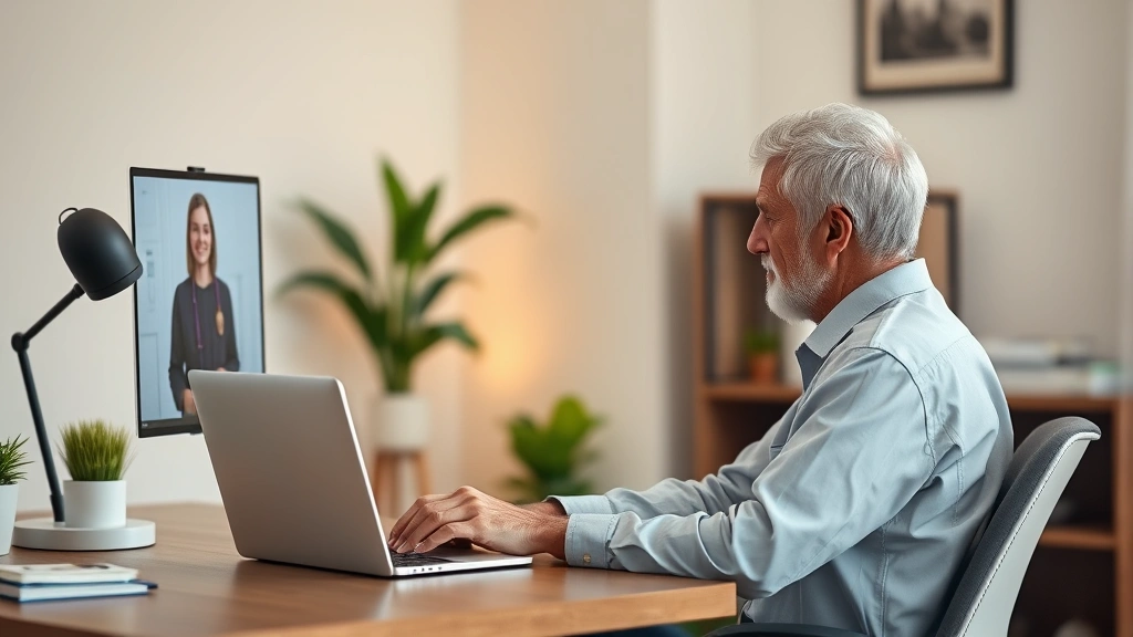 Patient sitting at home office desk with laptop during virtual video conference call, warm natural lighting, professional hom