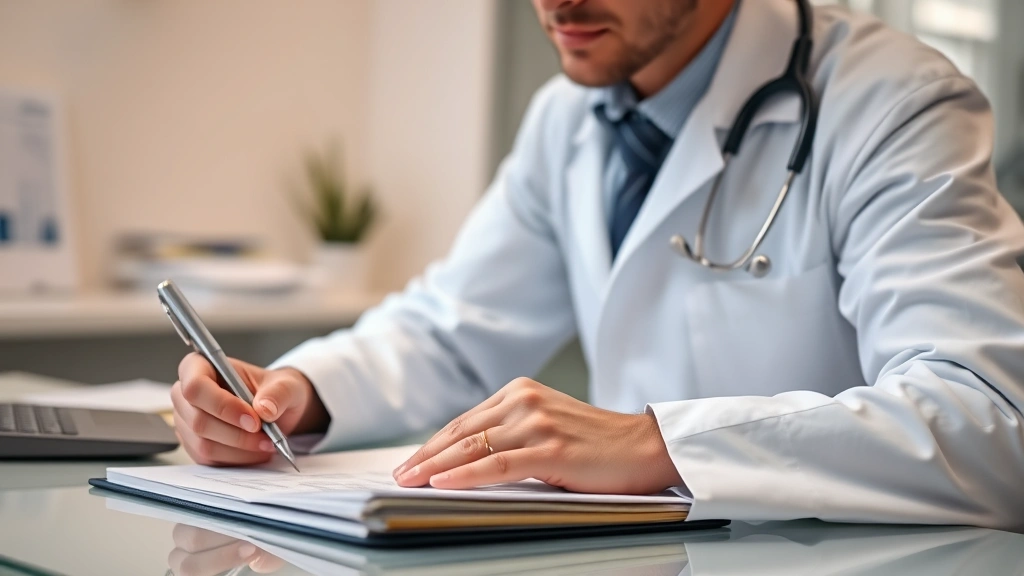 Doctor in white coat at desk writing medical documentation with pen, stethoscope visible, professional medical office environ