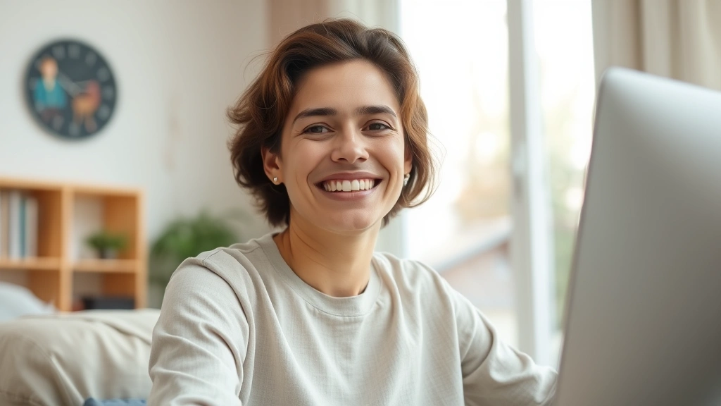Person looking relieved and confident during video call on computer screen, natural daylight from window, comfortable home en