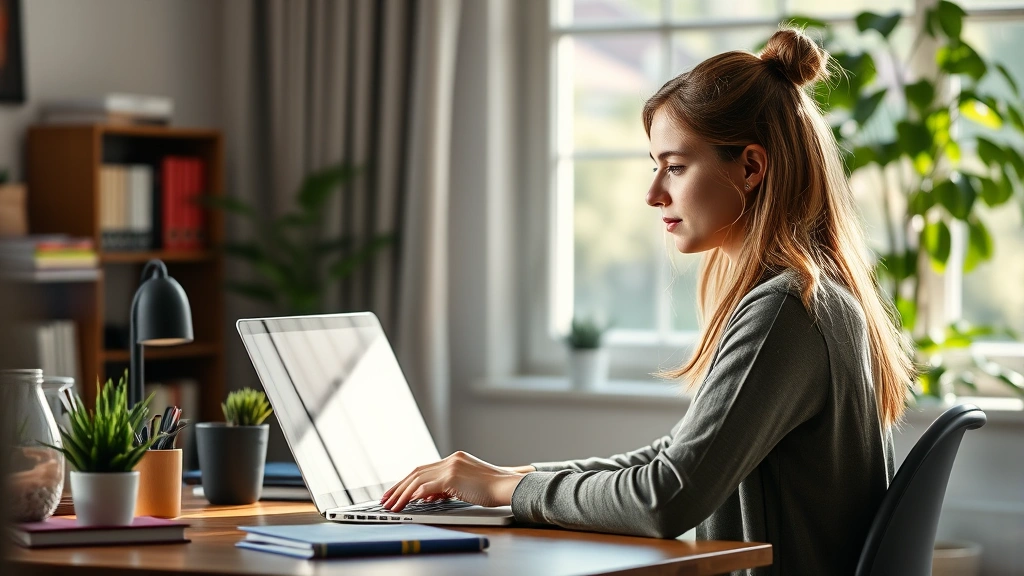 Female student sitting at home desk with laptop attending virtual class, natural lighting from window, peaceful study environ
