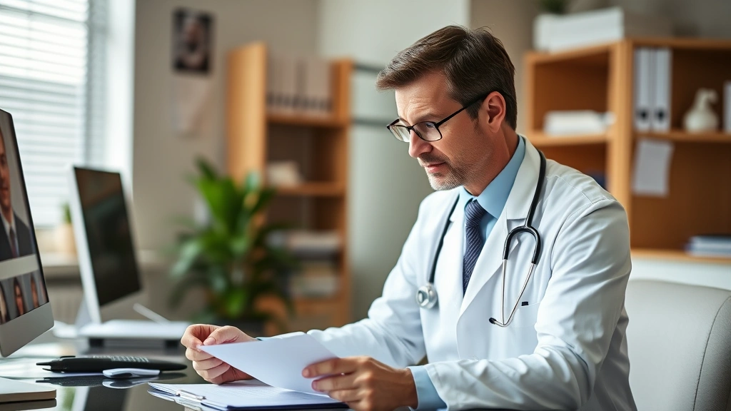 Doctor in white coat reviewing medical documents at desk, professional medical office setting, thoughtful expression, medical