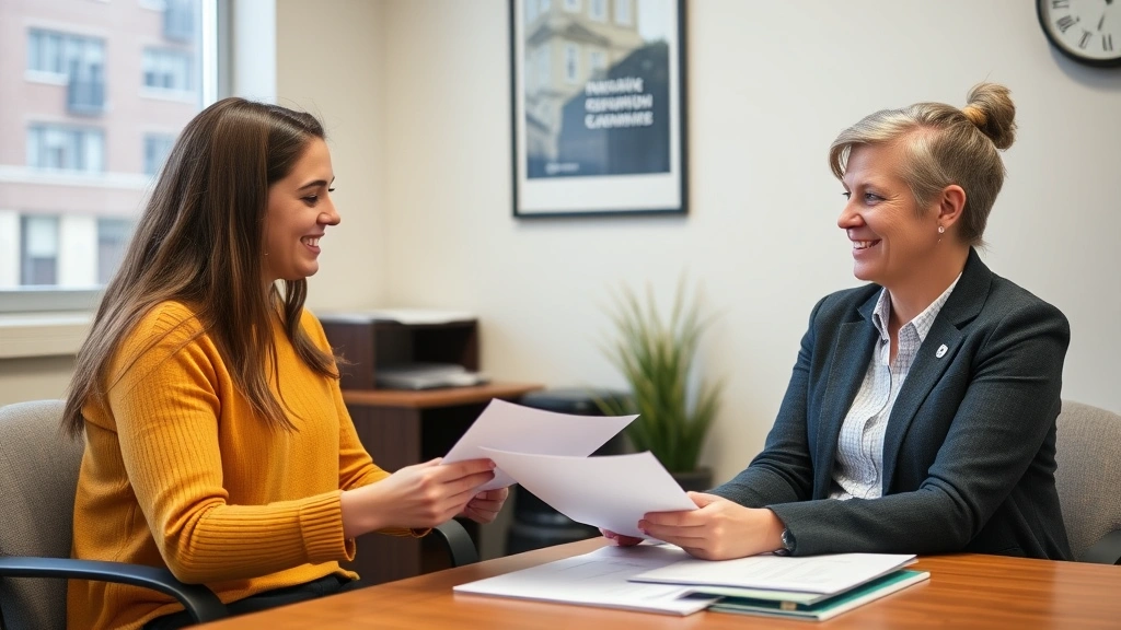 Student and disability services counselor meeting in office discussing accommodation plan, both smiling and reviewing documen