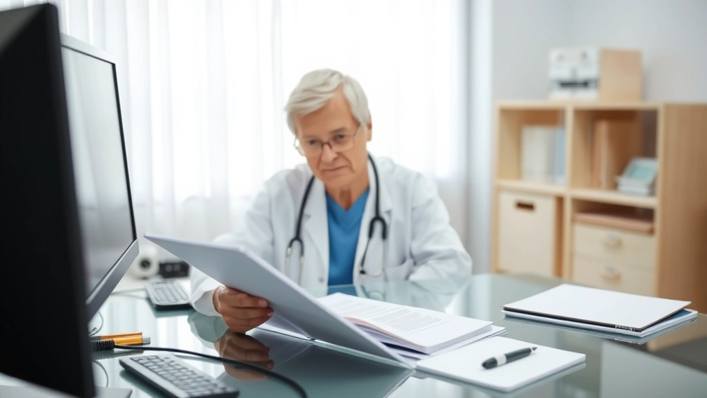 Healthcare provider in white coat reviewing medical documents at desk with stethoscope and computer, professional medical off