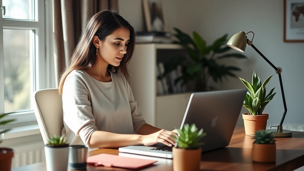 Woman working at home laptop with comfortable ergonomic setup, natural lighting from window, plants on desk, peaceful home wo
